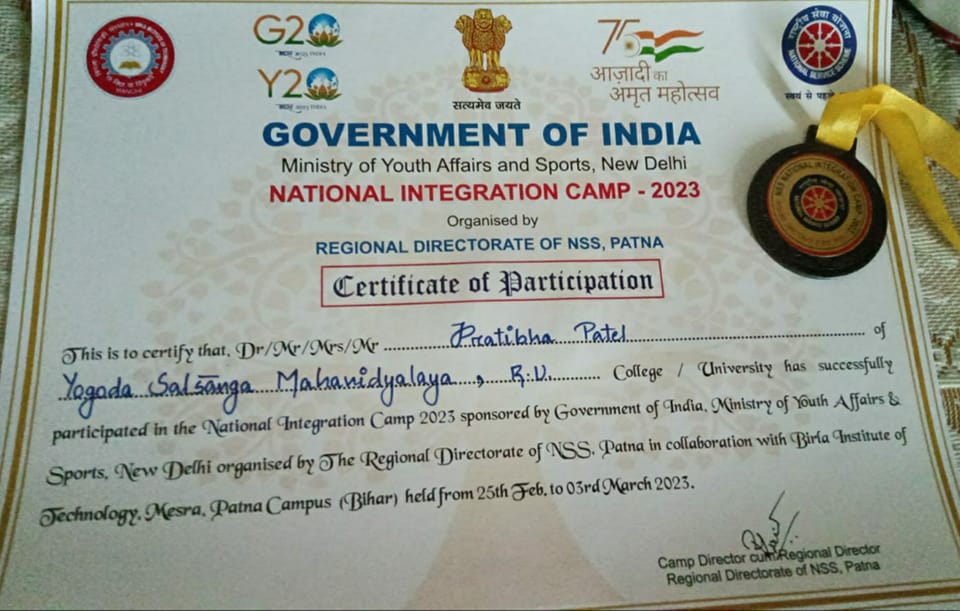 We are happy to share that our student,Pratibha Patel, an active NSS Volunteer, had an enriching and fulfilling  experience of participating in the National Integration Camp 2023